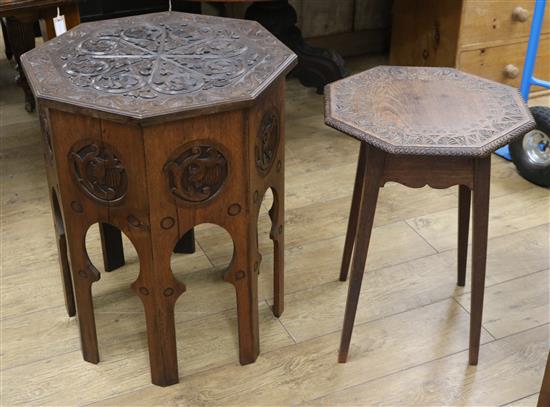 An Edwardian carved oak octagonal table and another W.57cm and 46cm